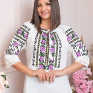 Ie traditionala alba cu motiv floral mov Clementina 03