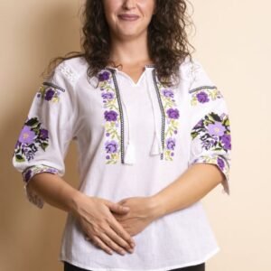 Ie traditionala alba cu motiv floral mov Crenguta 02
