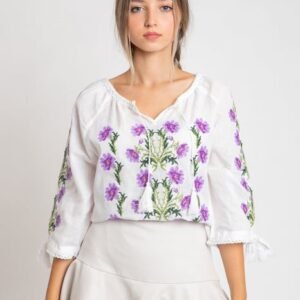 Ie traditionala alba cu motiv floral mov Daria 02