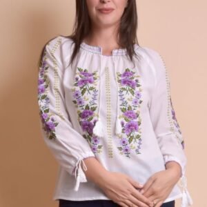 Ie traditionala alba cu motiv floral mov Florina 02 - maneca lunga