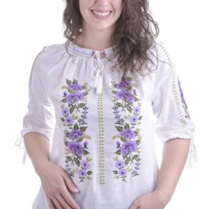 Ie traditionala alba cu motiv floral mov Florina 02 - maneca scurta