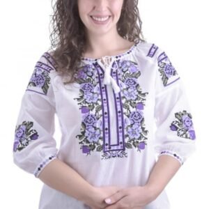 Ie traditionala alba cu motiv floral mov Lilia 01