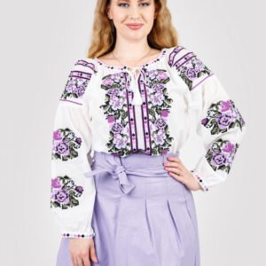 Ie traditionala alba cu motiv floral mov Lilia 02