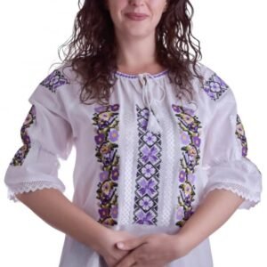 Ie traditionala alba cu motiv floral mov Marina 03