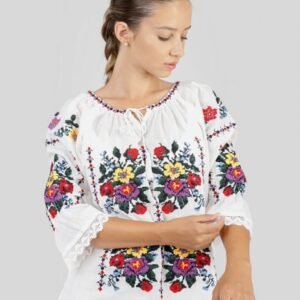 Ie traditionala alba cu motiv floral multicolor Adela