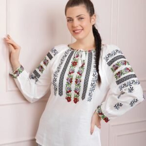 Ie traditionala alba cu motiv floral multicolor Aliona 01