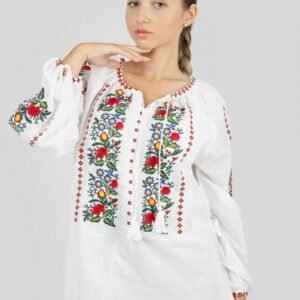 Ie traditionala alba cu motiv floral multicolor Andreea - maneca lunga