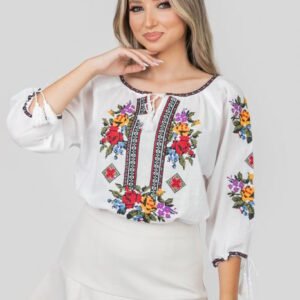 Ie traditionala alba cu motiv floral multicolor Beatrice 01