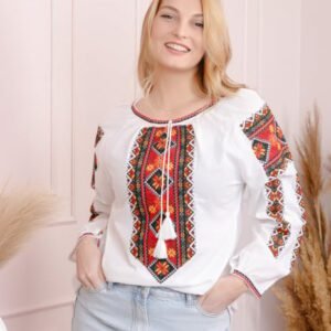 Ie traditionala alba cu motiv floral multicolor Carmen