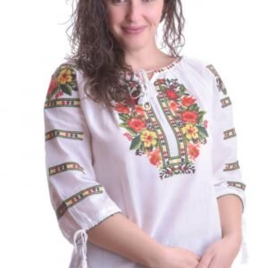 Ie traditionala alba cu motiv floral multicolor Dalia 01