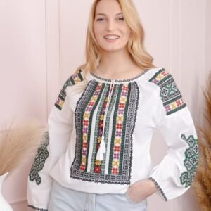 Ie traditionala alba cu motiv floral multicolor Delia