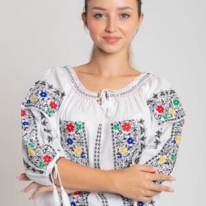 Ie traditionala alba cu motiv floral multicolor Florenta