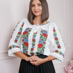 Ie traditionala alba cu motiv floral multicolor Florentina