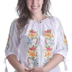 Ie traditionala alba cu motiv floral multicolor Florina 01