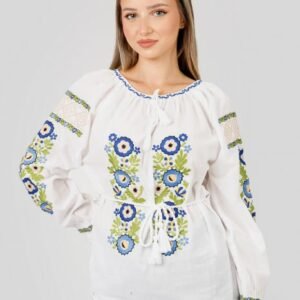 Ie traditionala alba cu motiv floral multicolor Gentiana
