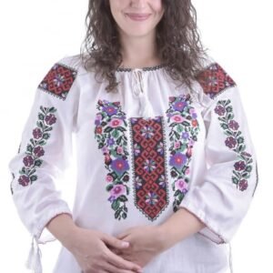 Ie traditionala alba cu motiv floral multicolor Gisela 01