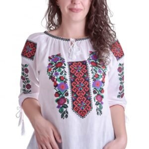 Ie traditionala alba cu motiv floral multicolor Gisela 02