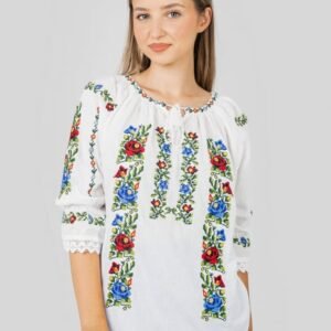 Ie traditionala alba cu motiv floral multicolor Ines