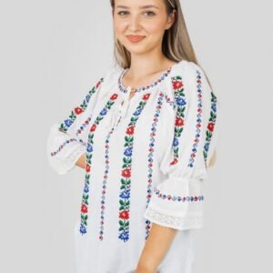 Ie traditionala alba cu motiv floral multicolor Ionela