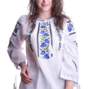 Ie traditionala alba cu motiv floral multicolor Iulia 02