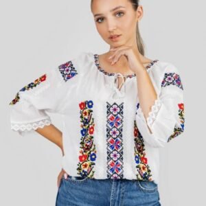 Ie traditionala alba cu motiv floral multicolor Marina 02