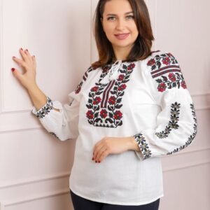 Ie traditionala alba cu motiv floral multicolor Mateea - maneca lunga