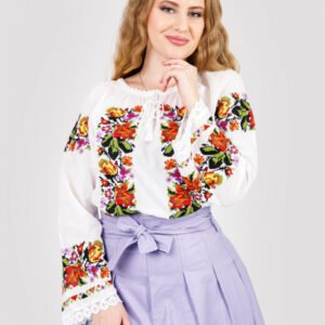 Ie traditionala alba cu motiv floral multicolor Mirabela 01