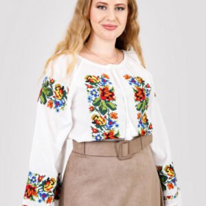Ie traditionala alba cu motiv floral multicolor Mirabela 02