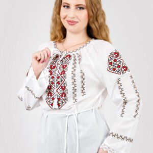 Ie traditionala alba cu motiv floral multicolor Natalia