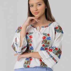 Ie traditionala alba cu motiv floral multicolor Patricia