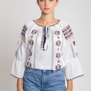 Ie traditionala alba cu motiv floral multicolor Romanita 01