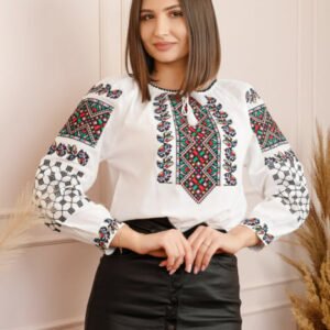 Ie traditionala alba cu motiv floral multicolor Selena 01