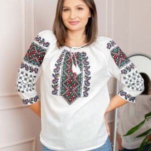 Ie traditionala alba cu motiv floral multicolor Selena 02