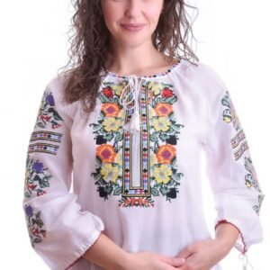 Ie traditionala alba cu motiv floral multicolor Stefania 01