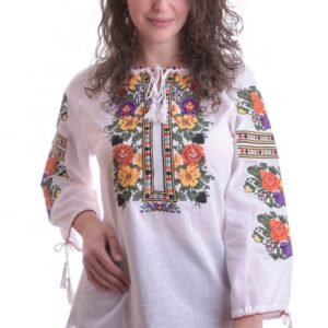 Ie traditionala alba cu motiv floral multicolor Stefania 02