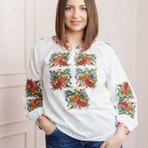 Ie traditionala alba cu motiv floral multicolor Suzana