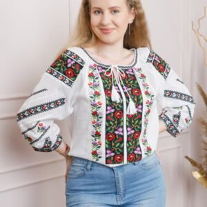 Ie traditionala alba cu motiv floral multicolor Vanda 01
