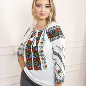 Ie traditionala alba cu motiv floral multicolor Vanda 02