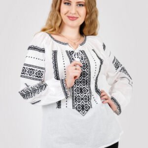 Ie traditionala alba cu motiv floral negru Atena 04