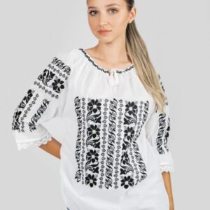 Ie traditionala alba cu motiv floral negru Cerasela