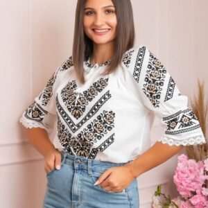 Ie traditionala alba cu motiv floral negru Lavinia 05