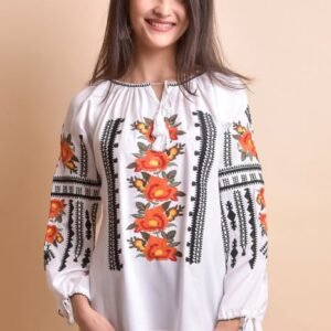 Ie traditionala alba cu motiv floral portocaliu Margareta