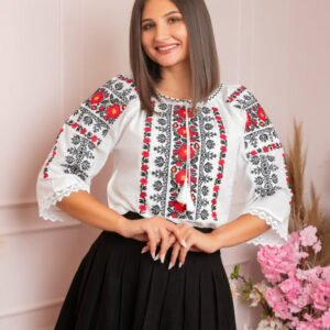 Ie traditionala alba cu motiv floral rosu Adriela 02