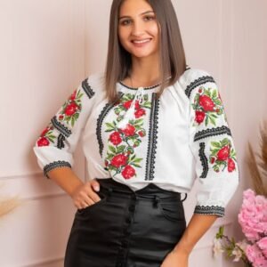 Ie traditionala alba cu motiv floral rosu Afrodita