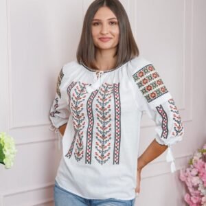 Ie traditionala alba cu motiv floral rosu Agnes