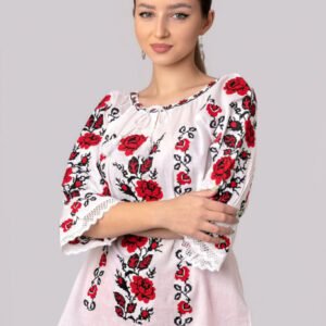Ie traditionala alba cu motiv floral rosu Alana