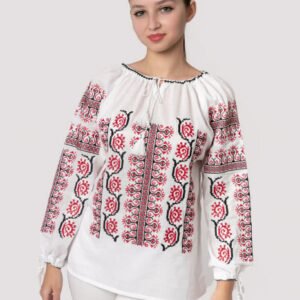Ie traditionala alba cu motiv floral rosu Alana