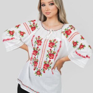 Ie traditionala alba cu motiv floral rosu Alessia