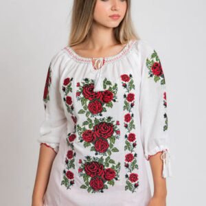 Ie traditionala alba cu motiv floral rosu Alina 01