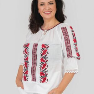 Ie traditionala alba cu motiv floral rosu Amira